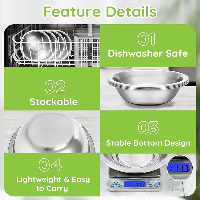 304(18/8) Stainless Steel Mixing Bowls for Kitchen, 4 Pack 7.8" 28.89 fl.oz Metal Mixing Bowls Set Stackable for Baking Serving Cooking Food Prep Storage Dishwasher Safe Lightweight