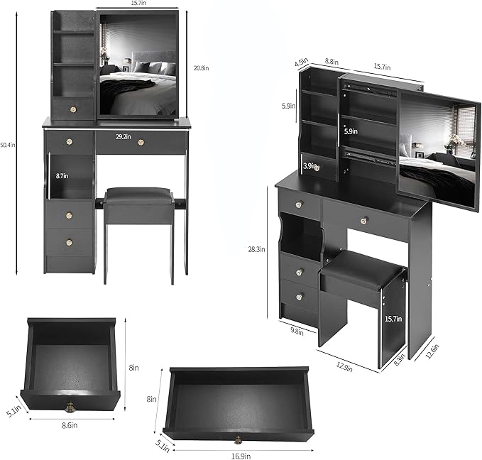 KEIKI Vanity Desk with Mirror & Cushioned Stool, 29.2'' Makeup Dressing Table Set with 5 Drawers for Tiny Bedrooms, Dorms, Apartments,Balck