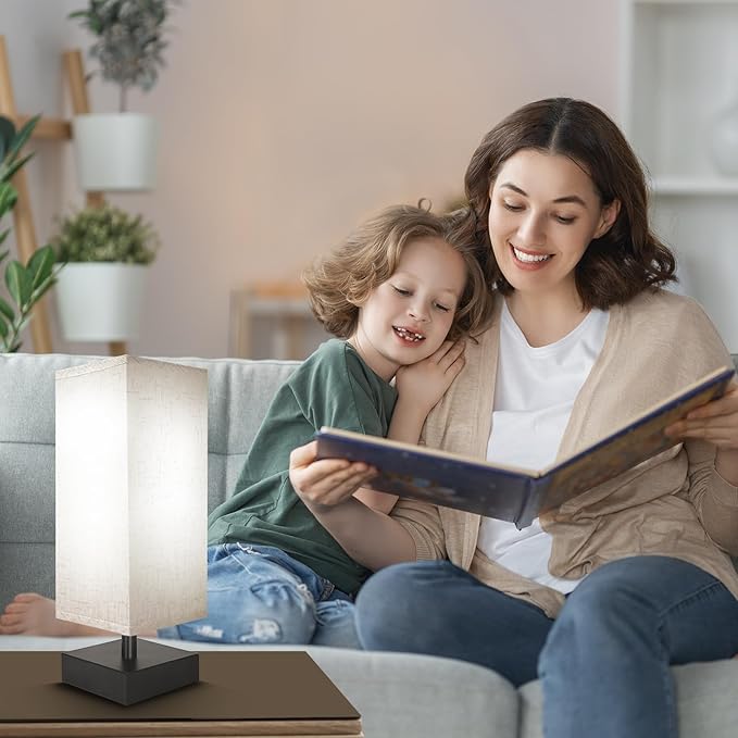 Small Bedside Lamp, Mini Minimalist Table Lamp with Square Flaxen Fabric Shade, 11 Inch Desk Reading Lamp for Bedroom, Living Room, Office, 2 Pack
