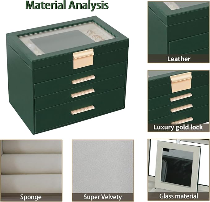 BOOVO Jewelry Boxes for Women, White and Black 6 Layer Large Jewelry Box for Necklace, Bracelet, Earrings, Rings Storage, Jewelry holder Organizer for Girls Gift (Dark Green, 4 layer)