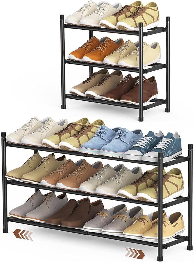 Expandable Shoe Rack, 3 Tier Shoe Rack for Closet, Stackable Adjustable Standing Metal Shoe Shelf Organizer Storage, Small Shoe Racks for Front Door Entrance、Entryway(Black)