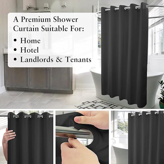 Extra Long No Hook Black Shower Curtain or Liner Soft Microfiber - 84" Length Fabric Shower Curtain Liner Set, Machine Washable & Water Repellent, Black, 71x86