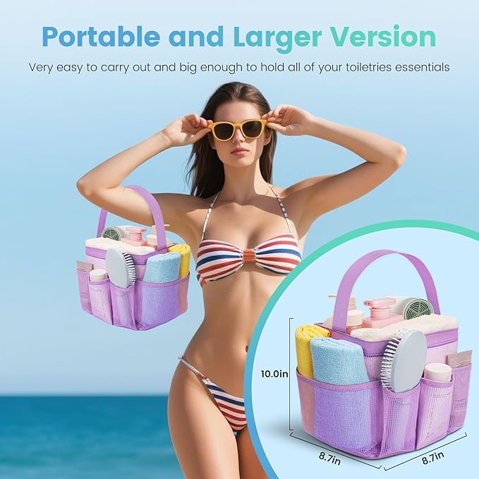 Mesh Shower Caddy for College Dorm Room Essentials for Girls with 9 Pockets,Large-Capacity Shower Basket,Quick Dry Toiletry Tote Bag,Outdoor Gym,Travel,Swim,Beach Camping Essentials-Black and Purple