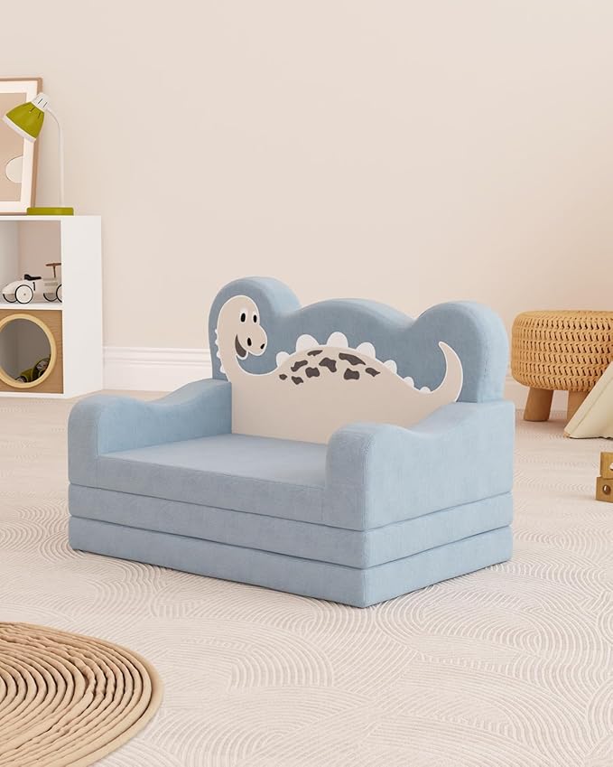 2-in-1 Kids Couch Fold Out, Convertible Toddler Couch to Lounger, Toddler Chair Comfy, Kids Sofa for Girls and Boys, Gift for Birthday, Children's Day, Dinosaur Blue