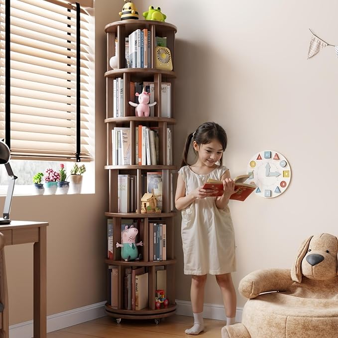 Solid Wood Rotating Bookshelf on Wheels, 6 Tier, Round Revolving Bookcase, 360° Spinning Book Shelf Tower for Kids, Narrow Rolling Bookshelves for Small Space, Corner, Bedroom, Office, Walnut