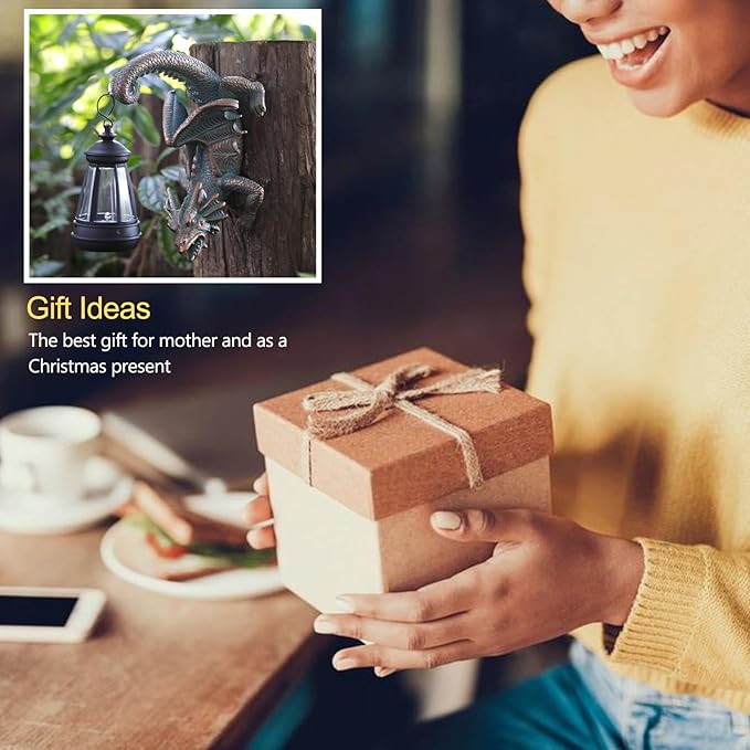 Solar Dragon Tree Hugger Statue Wall Decor - Gothic Garden Statue with Solar Lantern, Outdoor&Yard Decor, Fantasy Dragon Figurine for Trees, Walls, or Fences - Unique Gift for Adults, Men & Women