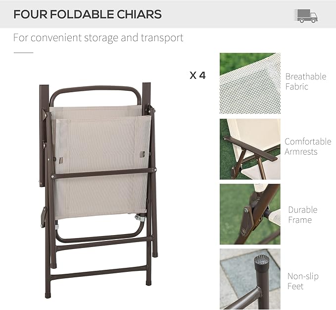 Outsunny 6 Piece Patio Dining Set for 4 with Umbrella, Outdoor Table and Chairs with 4 Folding Dining Chairs & Round Glass Table for Garden, Backyard and Poolside, Beige