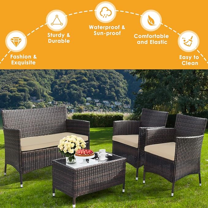 Goplus 4-Piece Rattan Patio Set, Outdoor/Indoor Wicker Conversation Set for Pool, Backyard, Lawn, Wicker Chairs and Sofa with Soft Cushion, Rattan Furniture with Tempered Glass Coffee Table