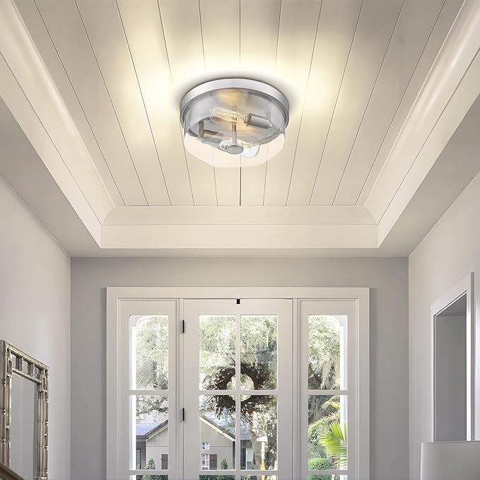 Brushed Nickel Flush Mount Ceiling Light, 2-Light Hallway Light Fixtures, Modern Farmhouse Farmhouse Ceiling Light Clear Glass for Kitchen Porch Entryway Indoor Outdoor