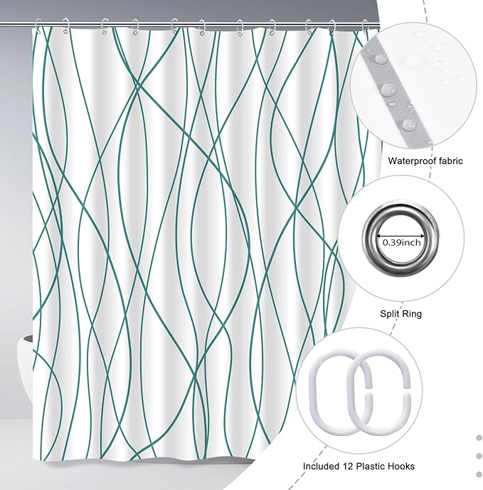 Punkray Seaweed Green Striped Polyester Shower Curtain for Bathroom with Hooks, Waterproof Bath Accessories Hotel Style - Machine Washable 72 x 72