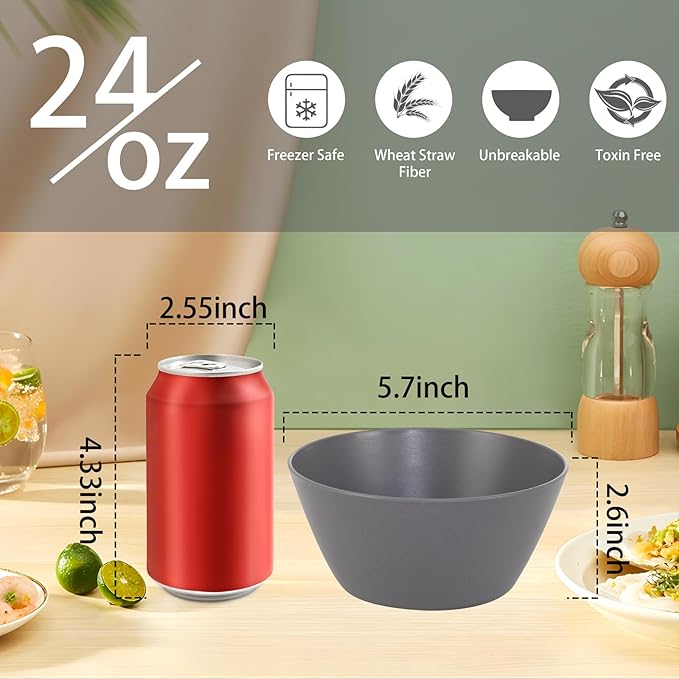 supernal 12PCS Dark Grey Wheat Straw & Hard Plastic Bowls - Reusable Soup Bowls,Unbreakable Fridge/Dishwasher Safe Bowl for Catering,Hot Food,Holiday Meals,Cereal,Ramen (Disposable Snack Bowl)