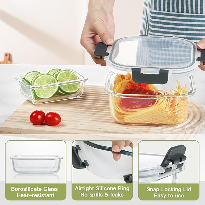 BAYZZ 24 Piece Glass Food Storage Containers with Lids, Airtight Glass Meal Prep Containers for Kitchen, BPA-Free Lunch Box, Microwave and Freezer Safe