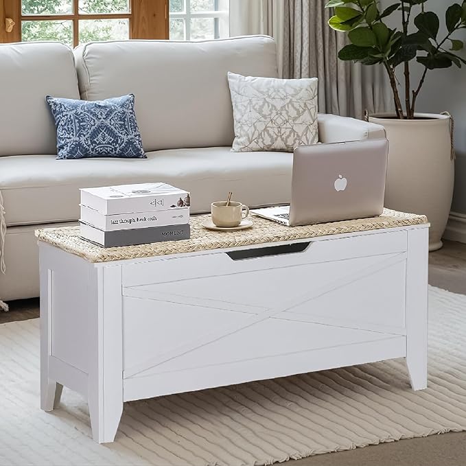 VECELO 43.3" Farmhouse Style Storage Bench, Entryway Shoe Ottoman, with Handwoven Cushion, with Metal Safety Hinges, for Bedroom, Living Room, Entryway, White
