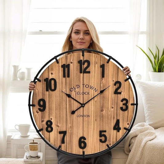 30 Inch Farmhouse Wall Clock Large Old Town Vintage Rustic Wooden Clock with Metal Rim and Large Numerals, Silent Battery-Operated for Office, Kitchen, Bedroom, and Living Room
