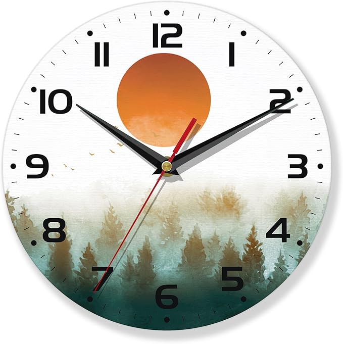 Wall Clock for Bathroom,Red Sun Wall Clocks Silent Non-Ticking Battery Operated Clock 10 Inch,Green Forest Wall Clocks Decorative for Living Room,Kitchen,Office