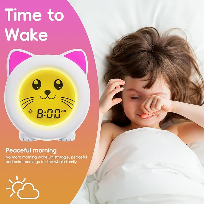 B&H Sleep Trainer Clock for Toddler - Ok to Wake Clock, USB Rechargeable Cat Kids Alarm Clock, Drop Proof, Night Light, Science-Backed Lighting for Peaceful Sleep and Ready to Rise Mornings - Kitty
