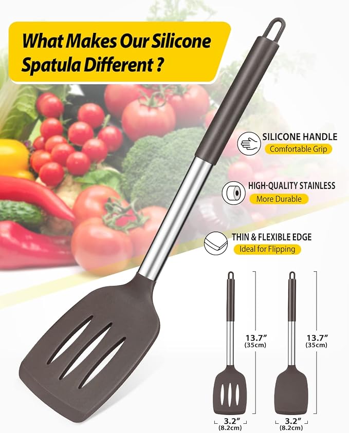 Pack of 2 Silicone Solid Turner, Non Stick Slotted Kitchen Spatulas, High Heat Resistant BPA Free Cooking Utensils, Ideal Cookware for Fish, Eggs, Pancakes(Chocolate)