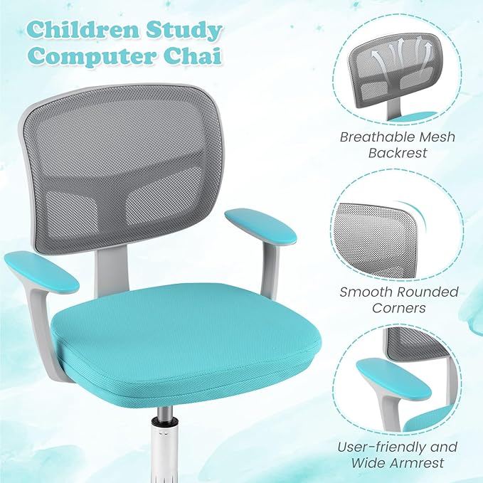 Giantex Kids Desk Chair, Children Computer Chair with Wheels and Y-Shaped Lumbar Support, Mesh Kids Office Chairs, Height Adjustable Desk Chair for Girls Boys Aged 4-13, Turquoise