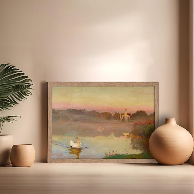 Poster Master Vintage Pond in Radziejowice Poster - Retro Swan Print - Lake Art - Landscape Art - Farmhouse Art - Animal Lover Art - Aesthetic Living Room or Office Decor, 16x20 Beige Framed