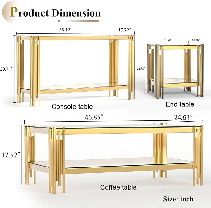 Glass Gold Coffee Table Set of 2,Modern Rectangle Coffee Table and Console Table w/Storage,Glass Coffee Table Set with Steel Frame,2 Pieces Living Room Table Set for Apartment Home Office
