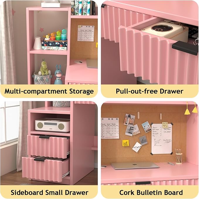 Pink Wooden Kids Fluted Desk and Chair Set,Kids Study Desk with Storage Shelves,Kids Study Table and Chair Set with 4 Fluted Drawers,Girls Study Desk for Kids with Hutch for Bedroom-Q3o2V0