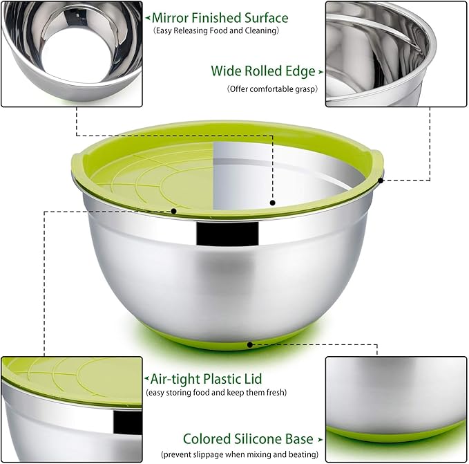 P&P CHEF Mixing Bowls with Lids Set of 5, Stainless Steel Nesting Salad Bowl with Lid & Base for Non-slip Mixing Prepping Storing Serving, 5 Sizes-7/3.5/2.5/1.5/1 QT, Multicolor
