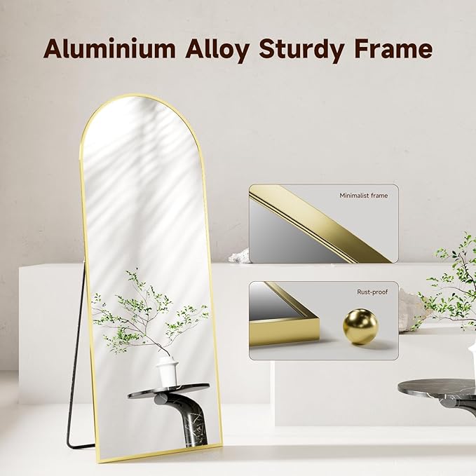 Arched Full Length Mirror 58"x19", Gold Tempered Glass Wall Hanging Mounted Body Length Mirrors with Stand, Large Floor Aluminum Alloy Thin Frame