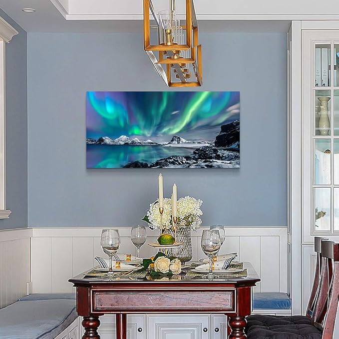 Farmhouse Wall Decor For Living Room Canvas Wall Art For Bedroom Blue Aurora Scenery Paintings Modern Bathroom Canvas Art Print Ready To Hang Office Pictures For Home Kitchen wall Decorations Artwork