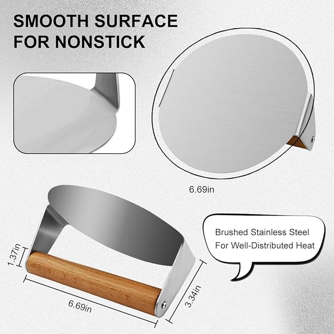 Burger Press Round Stainless, Wood & Anti - Scald Handles (Round)