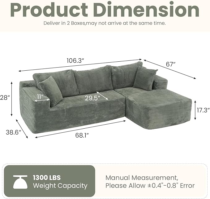 OC Orange-Casual 106.3" Cloud Sectional Couch with L-Shape Chaise,No Assembly Required Modular Sofa,Upholstered Boneless Couches for Living Room, Plush Corduroy Fabric (Green, Right Facing Chaise)