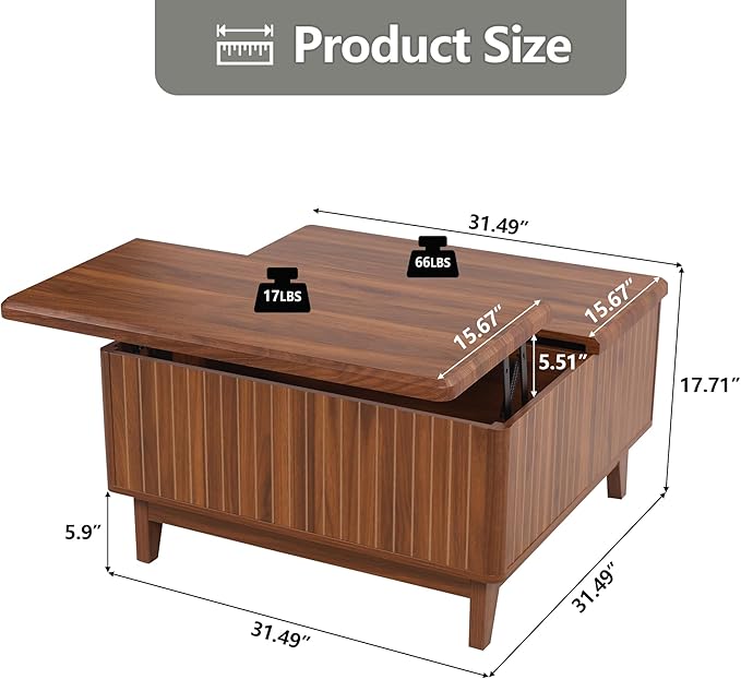 Lift Top Coffee Table, Square Coffee Table with Hidden Storage Compartment, Farmhouse Wood Center Table Dining Table for Living Room, Bedroom, Home Office (Walnut)