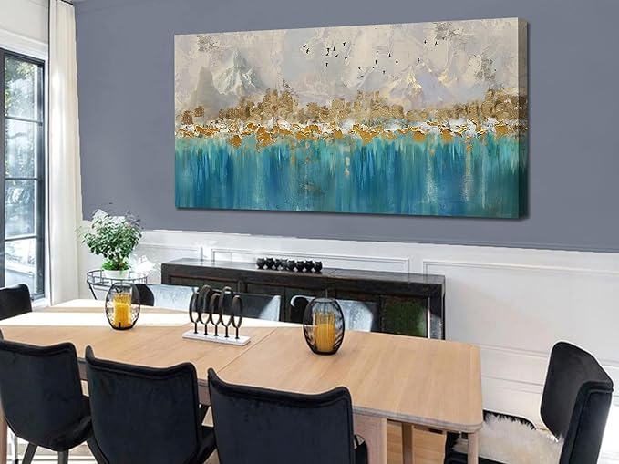 Arjun Teal Gold Abstract Wall Art Blue Turquoise Hand Painted Textured Painting Canvas Modern Grey Artwork Wooden Framed for Living Room Bedroom Bathroom Home Office Wall Decor, Extra Large 58"x29"