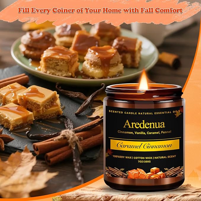 Fall Candle - Caramel Cinnamon Candle | Autumn Scented Candles for Home, 7oz Fall Soy Candles for Home Scented, 50 Hours Burn Time, Harvest Holiday/Halloween/Thanksgiving Autumn Gifts for Women Men
