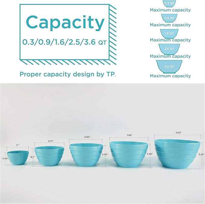 TP Mixing Bowls with Lids, 10-Piece Nesting Melamine Bowls Set for Prepping Serving Baking Cooking, Non Slip Bottom, Set of 5, Teal