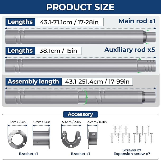 Mavivegue Closet Rod, 17 to 99 Inch Adjustable Closet Rods for Hanging Clothes, Silver Hanging Rod for Closet Wardrobes Laundry RV, Bathroom