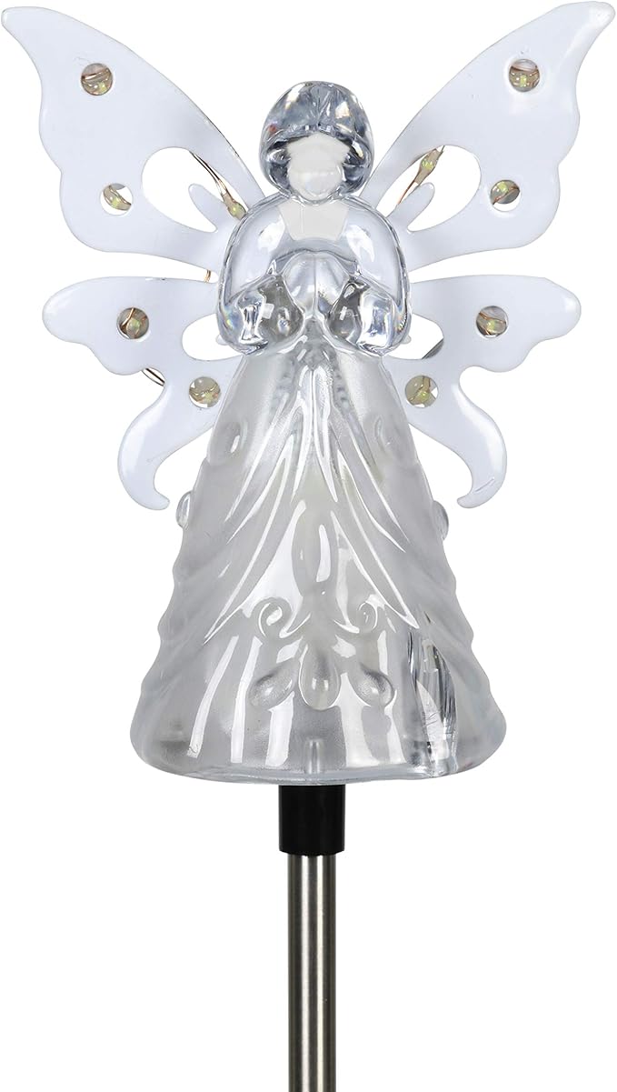 Exhart Garden Solar Lights, Decorative Angel Garden Stake, 12 LEDs, Cute Yard and Pathway Decor, White, 4 x 34 Inch
