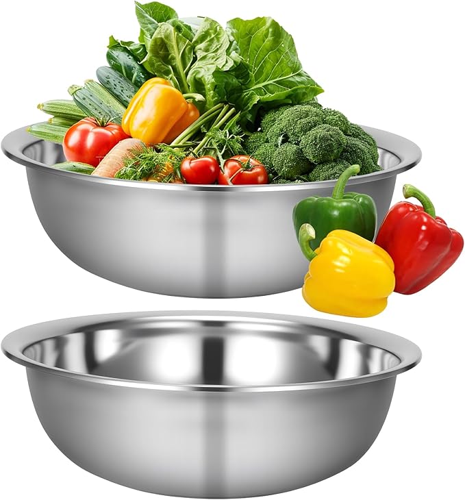 2 Pack 14 Quart Large Mixing Bowl Stainless Steel Oversized Serving Bowl, All Purpose Steel Bowl Metal Flat Bottom Bowl for Baking Cooking Meal Prep Marinating