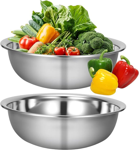 2 Pack 14 Quart Large Mixing Bowl Stainless Steel Oversized Serving Bowl, All Purpose Steel Bowl Metal Flat Bottom Bowl for Baking Cooking Meal Prep Marinating
