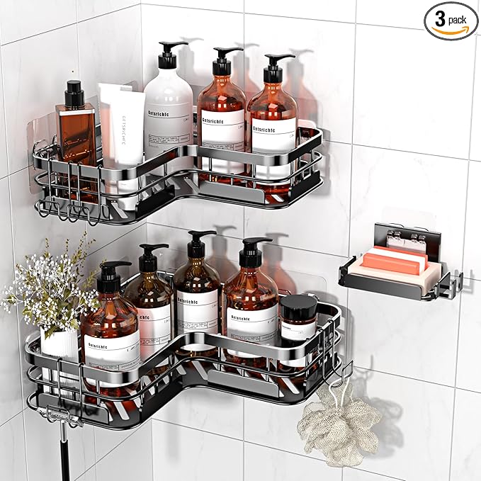Large Capacity Shower Caddy, Heavy-Duty Adhesive Shower Organizers with Custom Aesthetic Design Soap, No Drilling Corner Shower Shelves, 5 Hooks for Bathroom Accessories - 3 Pack