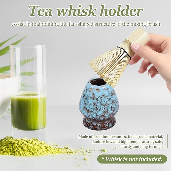 2Pcs Ceramic Matcha Bowl and Whisk Holder Set Easy to Use Tea Bowl and Whisk Stand Easy to Clean Matcha Tea Mixing Tool for Lover.(Kiln turns blove,2PCS)