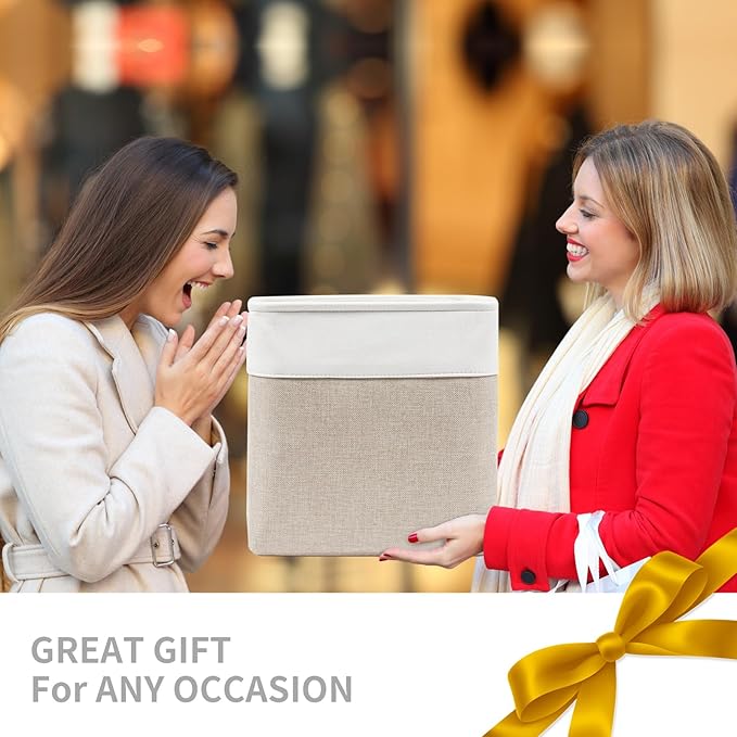 13x13 Cube Storage Bins, Collapsible Fabric Storage Box, 4 Pack Closet Baskets with Handles for Organizing, Shelf, Toys, Clothes, Home, Office, Nursery (Beige&White)