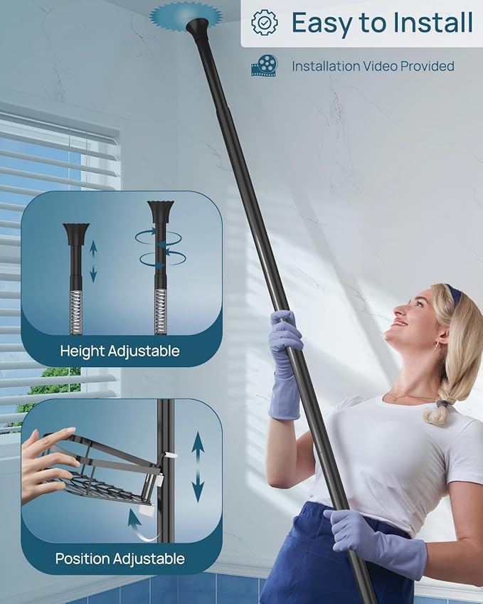 SEIRIONE Corner Shower Caddy Tension Pole, Rustproof Bathroom Shower Organizer Corner, 4-Tier Adjustable Bathroom Shelf, Solid Rack Ideal for Bathtub Storage, 34 to 116 Inch Height, Black