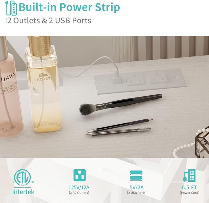 Lufeiya Small Makeup Vanity Desk with Fabric Drawers, 32 inch White Vanity Desks with Mirror and Light, Dressing Table and Chair Set with Power Outlet for Girls Bedroom, White