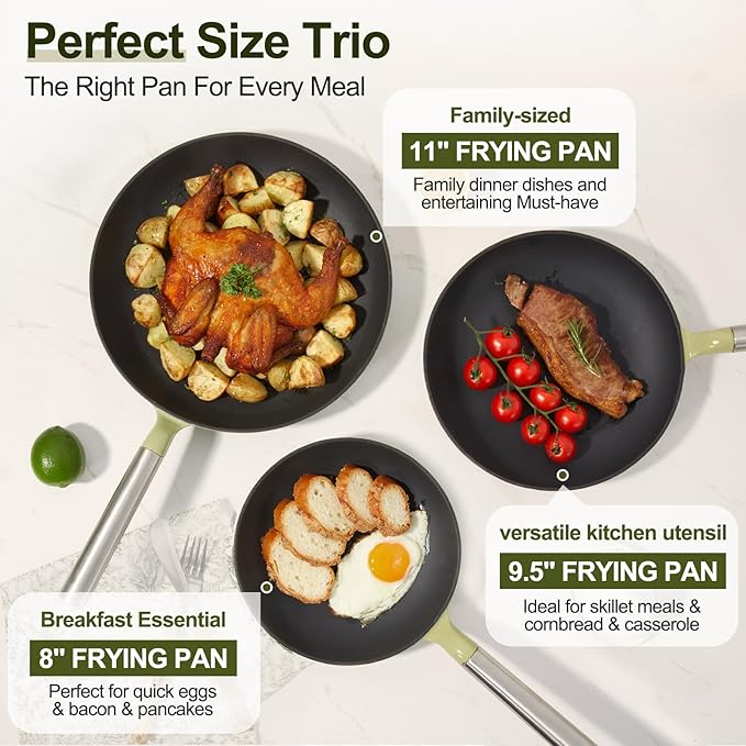 KOKHUB Non Toxic Frying Pan Set 3 Piece, Titanium Enameled Cast Iron Skillets, 8" 9.5" 11" Non Stick PFOA Free Cooking Pans, Dishwasher & Oven Safe Cookware, All Cooktops Compatible, Sage Green