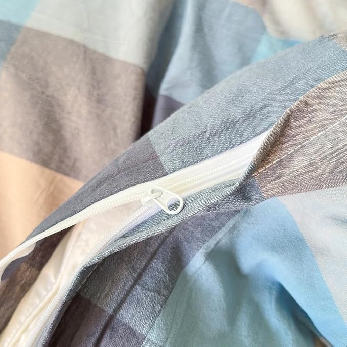 FACE TWO FACE Bedding Duvet Cover Set100% Washed Cotton Duvet Cover Linen Like Textured Breathable Durable Soft Comfy (Full, Cardamom Blue Grid)