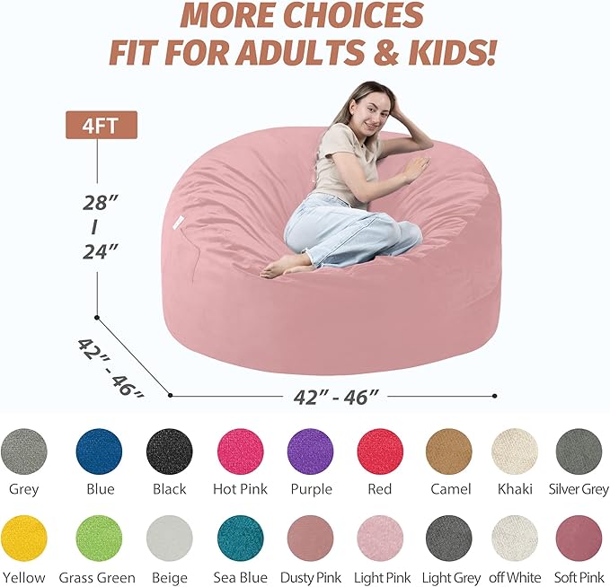 4FT Bean Bag Chair with Ultra Soft Velvet Cover Bean Bag Sofa with Memory Foam Bean Bag Chairs with Large Size Lazy Sofa for Dorm Office Living Room Bedroom Light Pink 4'