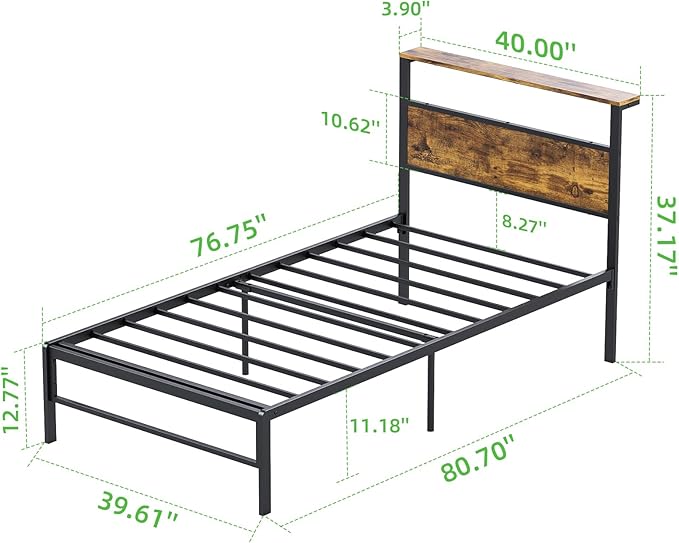 Weehom Twin Bed Frames with Headboard Shelf - Modern Twin Size Bed Frames with Wood Headboard, No Box Spring Needed Metal Platform Bed, Rustic Brown