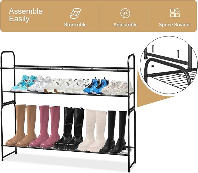 KEETDY 2-Tier Long Shoe Organizer for Closet Metal Shoe Rack for Entryway, Wide Stackable Shoe Shelf Storage with Sturdy Wire Grid for Closet Floor, Bedroom, Black