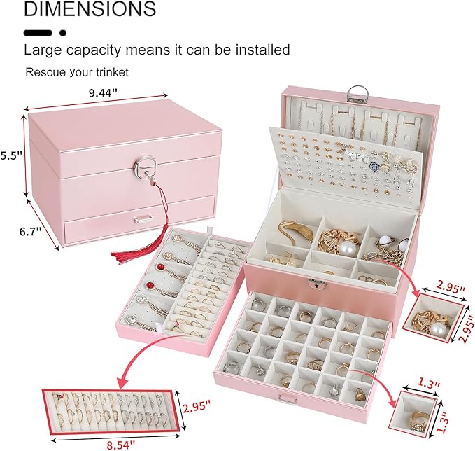 BOOVO Earring Jewelry Box For Women Girl Stud Organizer, 5 Layers Girl Jewelry Organizer Box With Lock Earring Holder Organizer Necklace Ring Jewelry Organizer Box For Girls (rose gold)