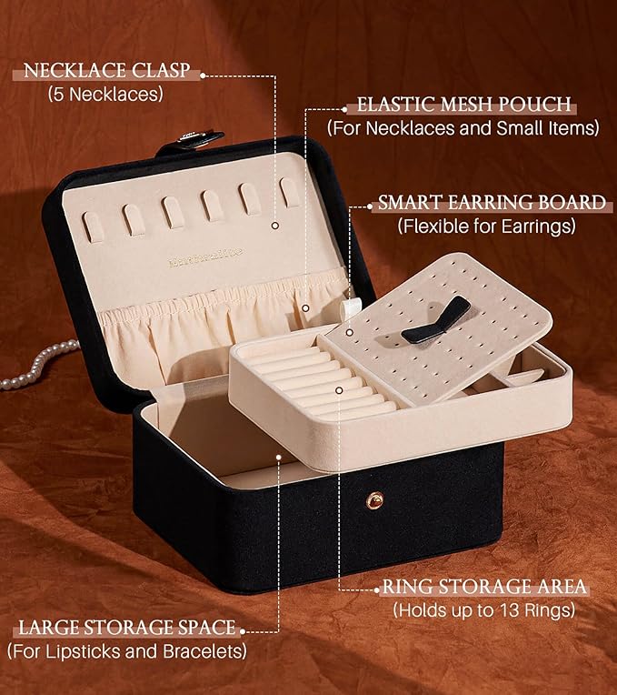 Homde Jewelry Box Small for Women: Ring Earring Organizer Storage for Dresser - Necklace Bracelets Holder with Multi Compartments(Black)